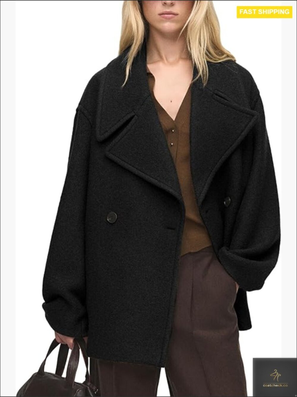Oversized Peacoat Wool Blend Cropped Double Breasted Notch Lapel Winter Coat